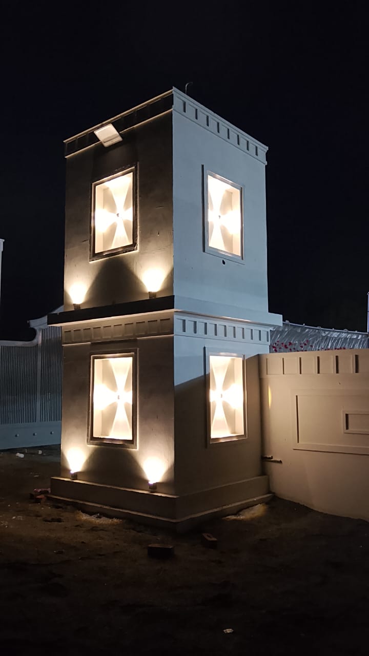 Illuminated entrance tower detail