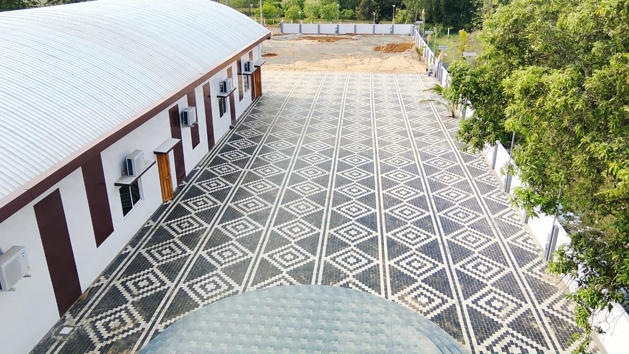 Open area with patterned floor beside the convention hall
